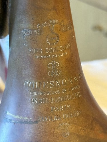 WW1 French Military Brass Bugle Couesnon & Cie Paris Chateau Thierry Mouthpiece - Image 6