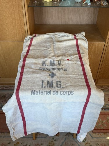 Vintage 1930s Swiss Military Linen Supply Bag Grain Sack KMV IMG Red Stripe Mint