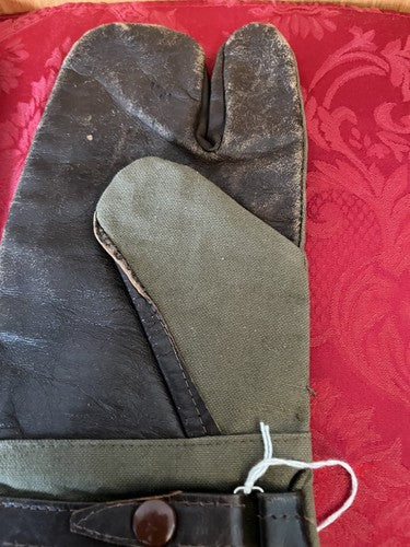 WW2 French Army Leather Canvas Machine Gunner Motorcycle Gloves Mittens MG34 - Image 2