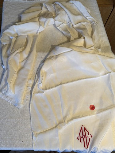 WWII Era Vintage White Silk Aviator Scarf Monogram RE Made in France 15x65 Mint - Image 5