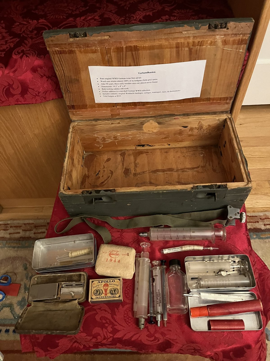 WW2 German Wehrmacht Verbandkasten First Aid Wood Case 1944 Feldgrau Syringes